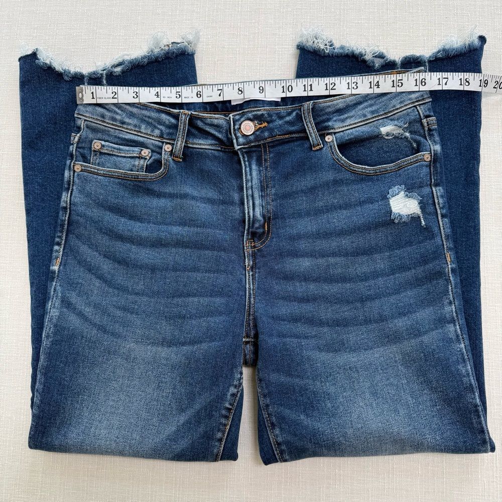 Zenana Outfitters Kick Crop Distressed Blue Straight Leg Jeans - Picture 6 of 9